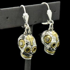 925 Silver Sugar Skull dangle 14k Gold Earrings